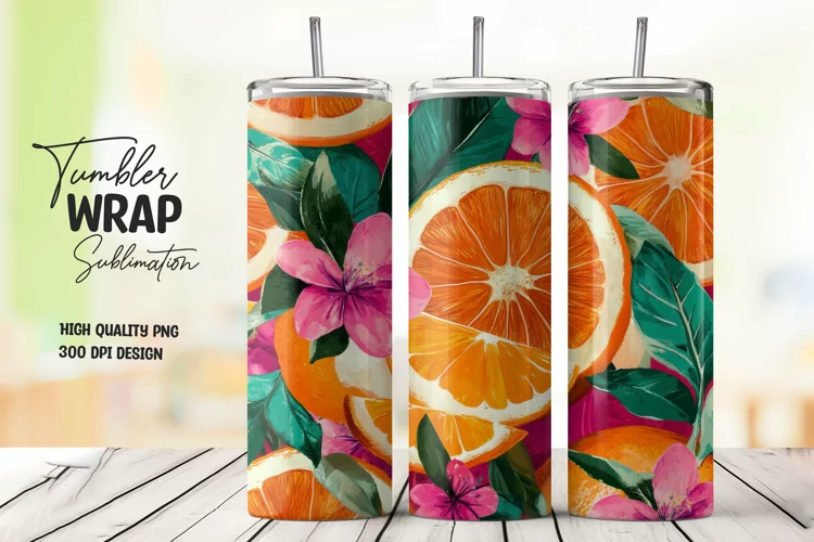 Orange with Leaves and Flowers Tumbler Wrap Sublimation