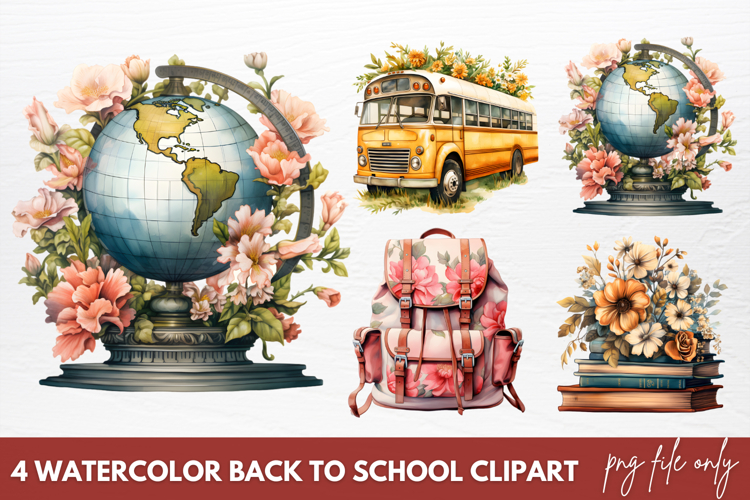 Back to School Sublimation Clipart, Watercolor Clipart