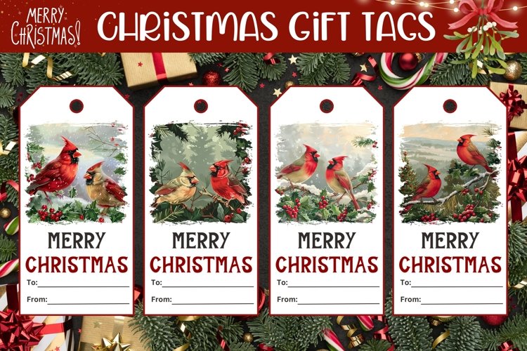 Watercolor Christmas Gift Tags, Christmas Cardinal Tags