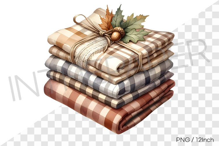 Autumn plaid cloth bundle with acorn tie PNG textile clipart