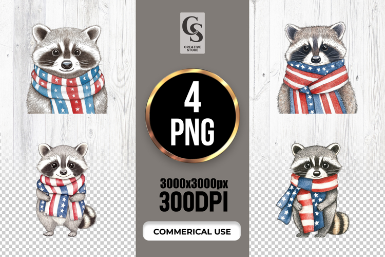 Watercolor Cute Raccoon with American Flag Scarf PNG Clipart