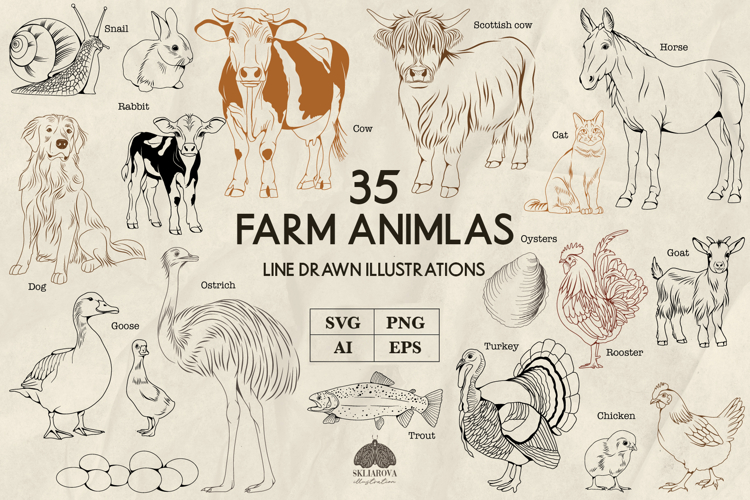 Farm animals line art collection Svg Png Eps