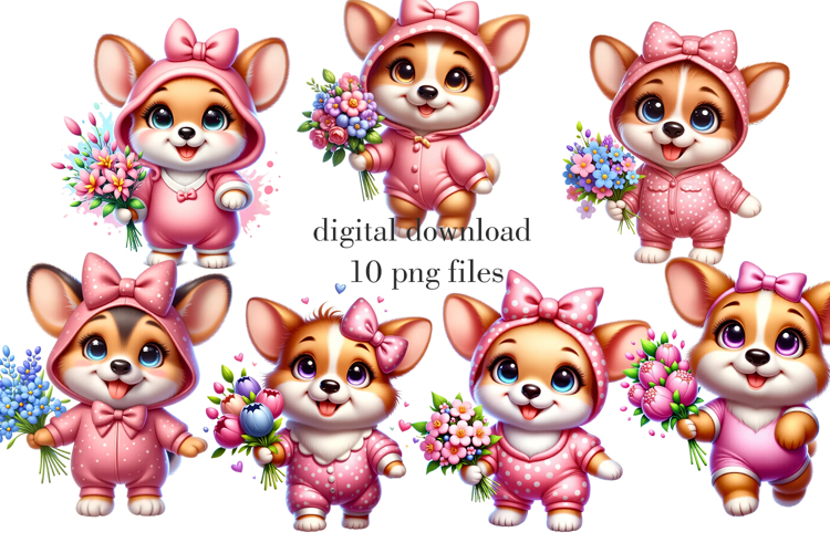 Corgi girl clipart, Cute Corgi dog png print, Corgi puppy