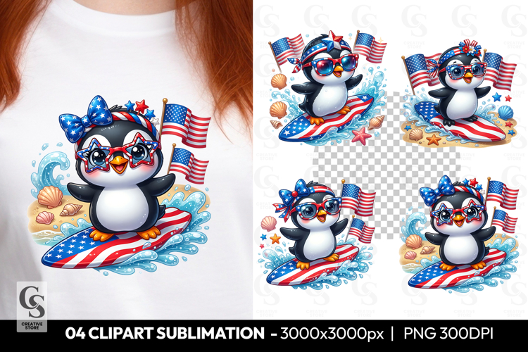 Patriotic Surfing Penguin Clipart PNG