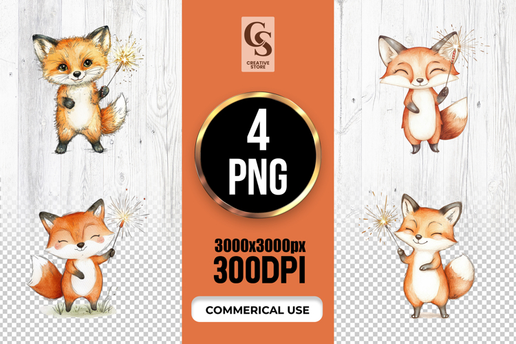 Cute Fox Fireworks Watercolor Clipart PNG