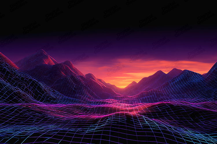 Retro Neon Wireframe Landscape Background Digital Art
