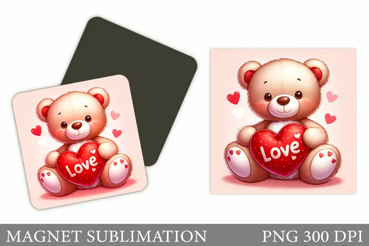 Valentines Bear Magnet. Cute Bear Square Magnet