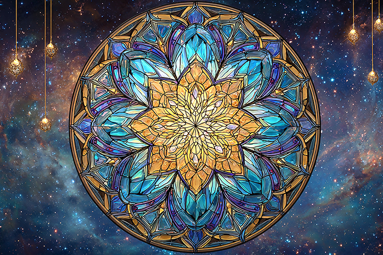 Stained Glass Mandala on Cosmic Galaxy Background Art