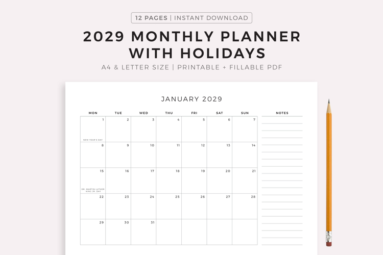 2029 Monthly Planner with Holidays, Landscape, Printable