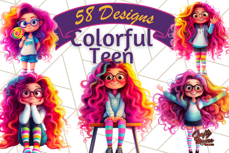 Colorful Teen Girl Clipart PNG Bundle, Fun Rainbow Hair Png