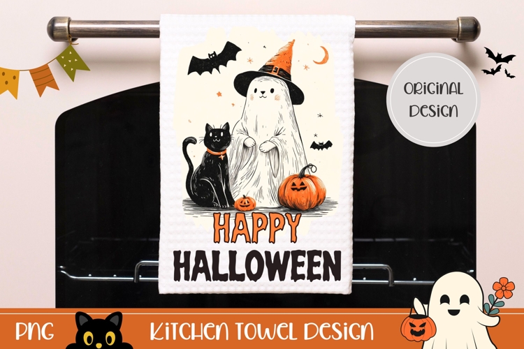 Cartoon Halloween Ghost Towel, Halloween Cat Towel PNG