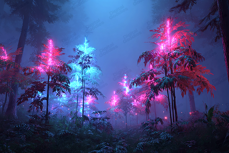Neon Fantasy Forest Background Glowing Trees Artwork
