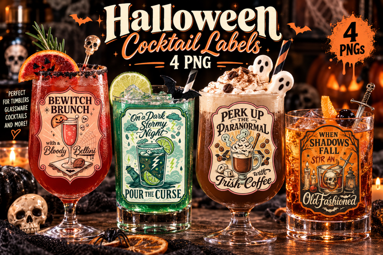 Spooky Cocktail Labels PNG, Witch Brunch & Haunted Drinks