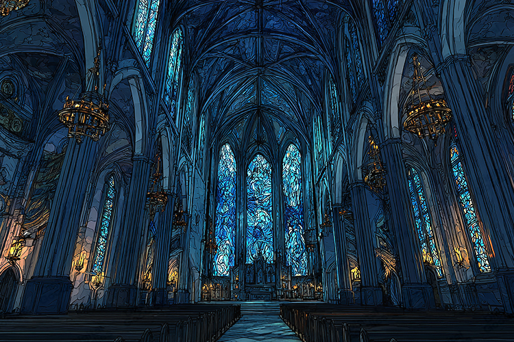 Blue Stained Glass Cathedral Interior Artwork Design