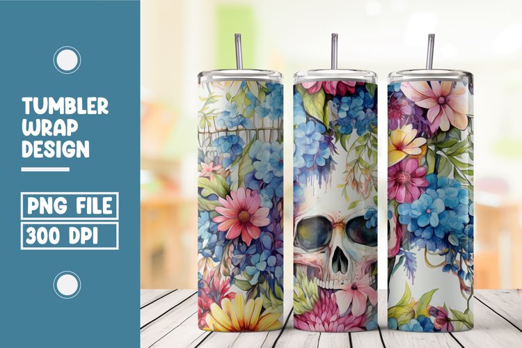 Skull and flower watercolor tumbler wrap sublimation
