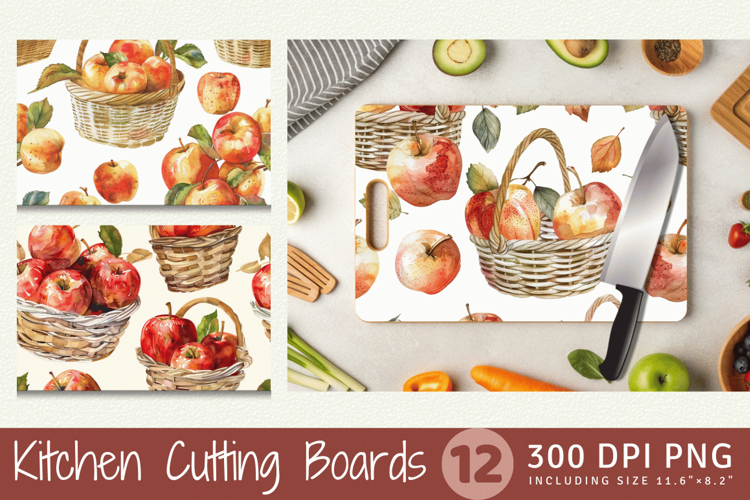 Watercolor Fall Apple Baskets Cutting Boards sublimation Des