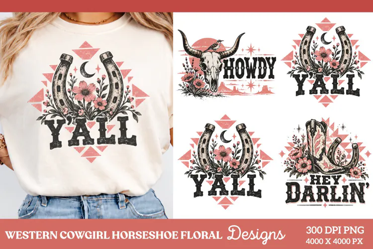 Western Yall Horseshoe Floral PNG, Cowgirl Horseshoe Wildflo