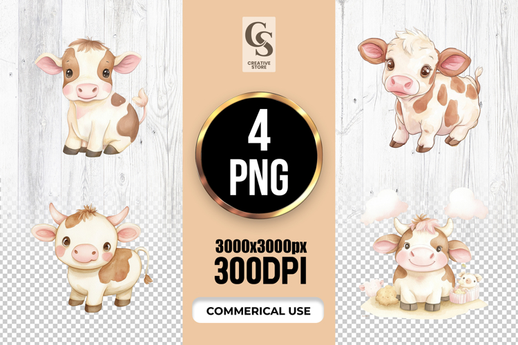 Cute Baby Cow Watercolor Clipart Sublimation PNG