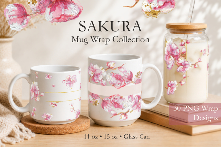 Hand Painted Sakura Mug Wrap Bundle | 30 PNG Designs