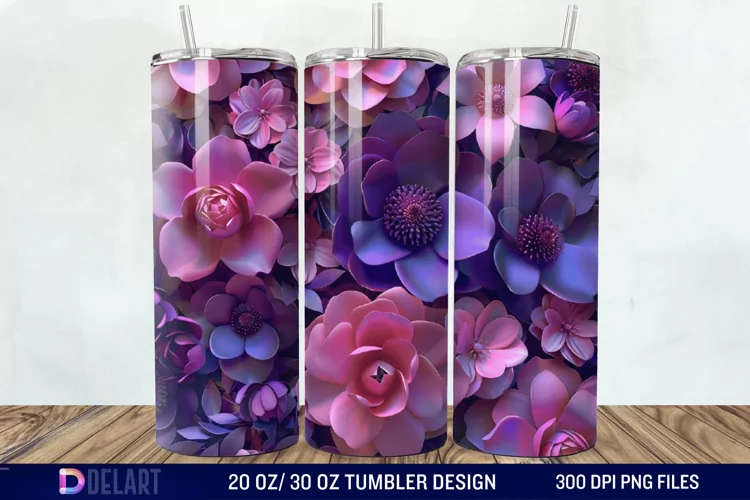3D Fuchsia and Violet Flowers Tumbler Wrap