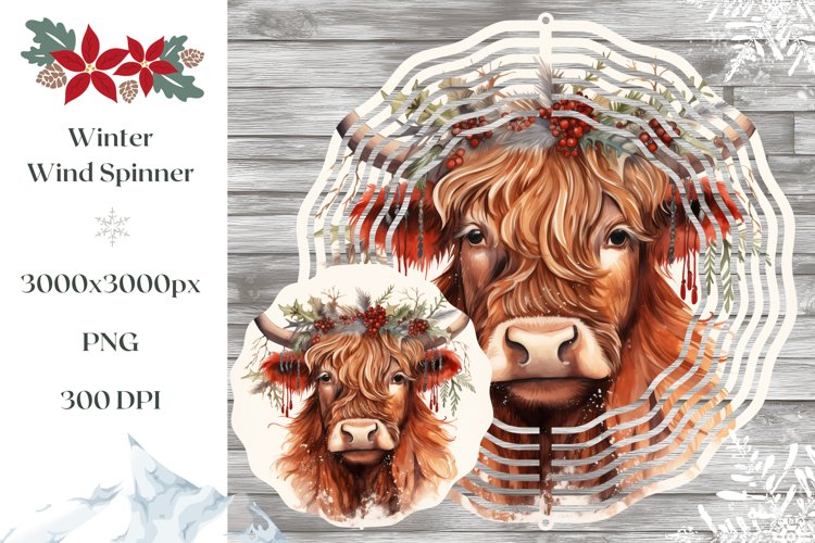 Christmas Wind Spinner Design, Christmas Highland Cow PNG