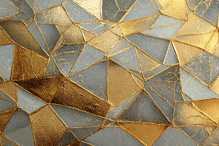 A mosaic art piece with gold and gray fragments