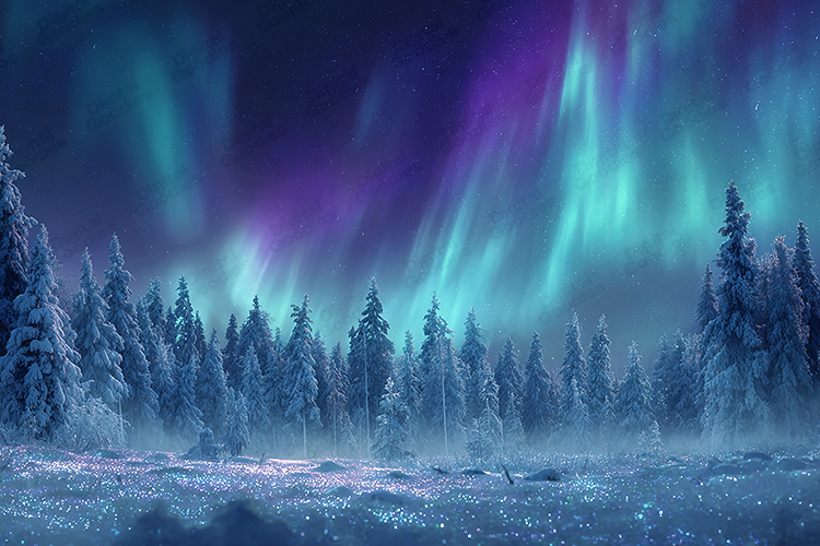 Snowy Forest Landscape with Purple Aurora Night Sky