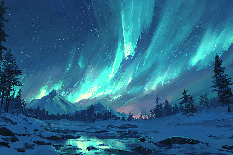 Aurora Borealis Winter Landscape Painted Night Sky