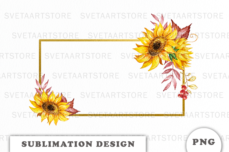 Watercolor Autumn Flowers Gold Frame png