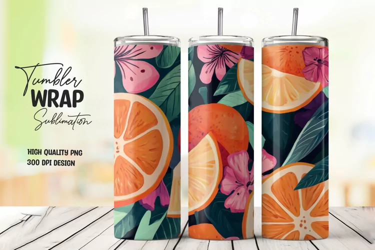 Orange with Leaves and Flowers Tumbler Wrap Sublimation