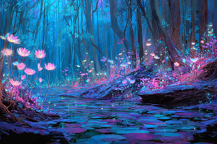 Enchanted Glowing Forest with Magical Flowers Artwork
