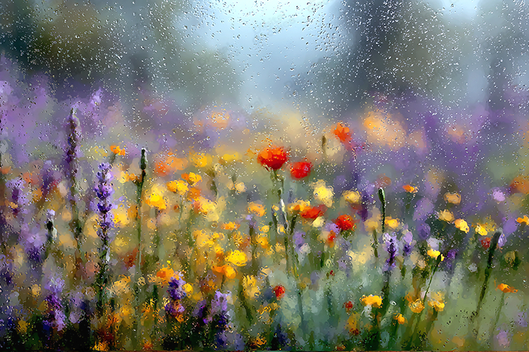 Rainy Window Floral Field Background Impressionist Art