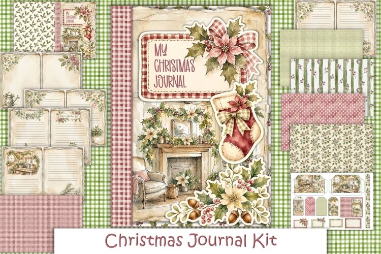 Farmhouse Christmas Junk Journal Kit JPEG 12 pages A4 example image 1