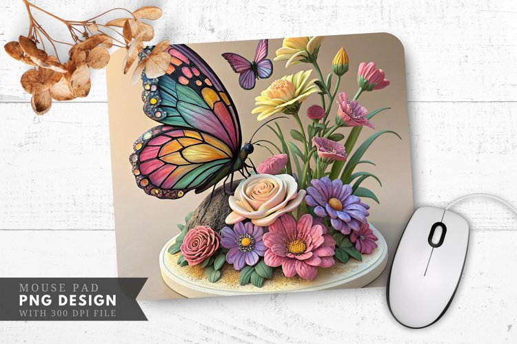 Butterfly and Floral Elegance Sculpture Mouse Pad PNG Design example image 1