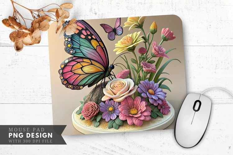 Butterfly and Floral Elegance Sculpture Mouse Pad PNG Design