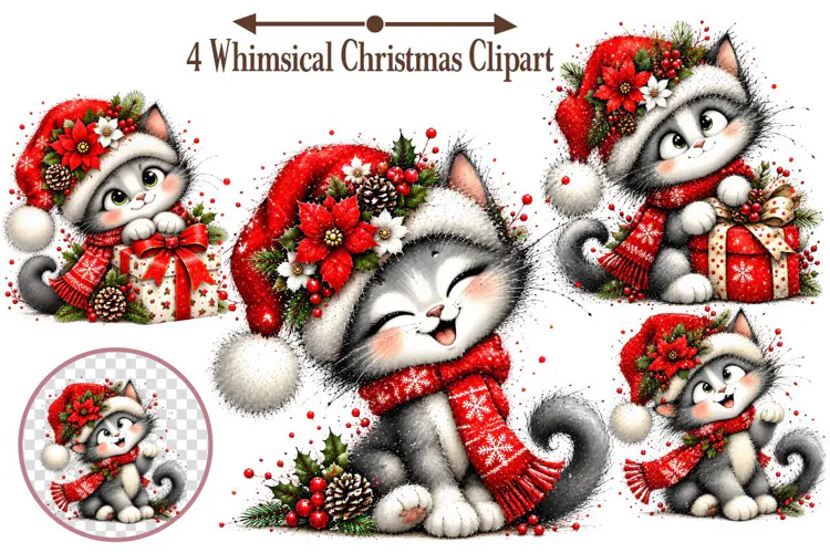 Whimsical Christmas Cat Clipart, Christmas Cat PNG