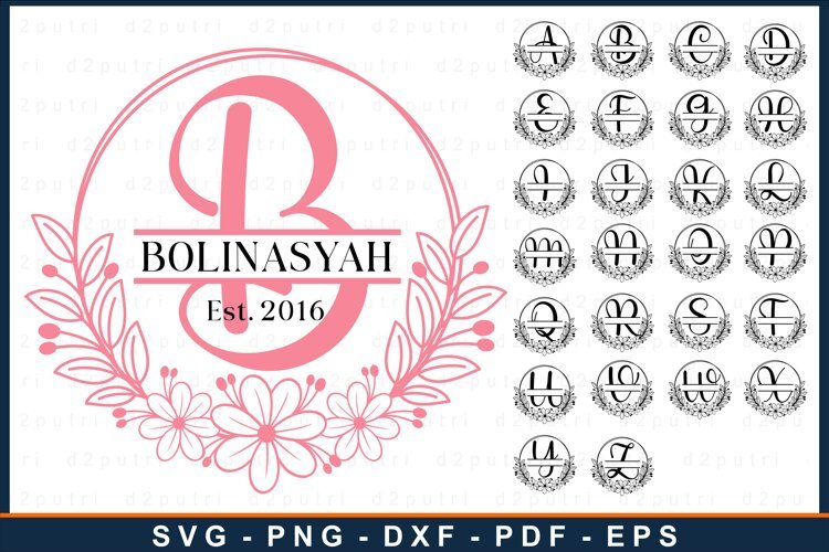 Floral Wreath Monogram Font Alphabet Split Letters SVG PNG example image 1