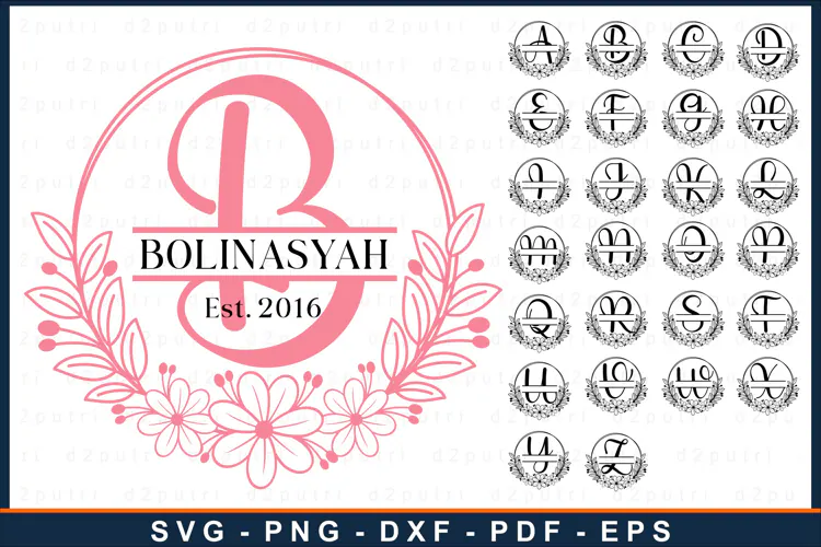 Floral Wreath Monogram Font Alphabet Split Letters SVG PNG