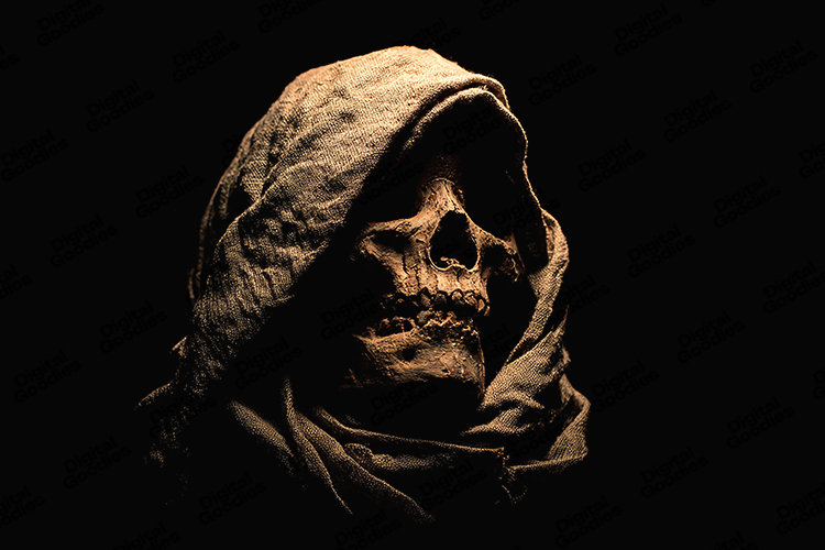 Hooded Skull in Dark Dramatic Lighting Horror Background