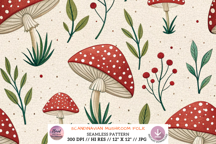 Scandinavian Mushroom Folk Hygge Paper, Digital Paper
