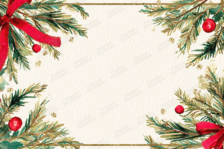 Watercolor Pine Frame Red Ribbons Berries Gold Glitter Borde