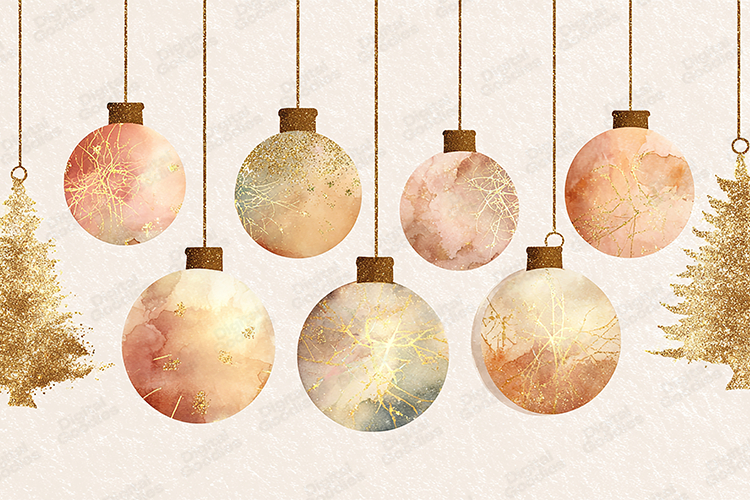 Watercolor Pastel Christmas Ornaments Gold Glitter Backgroun