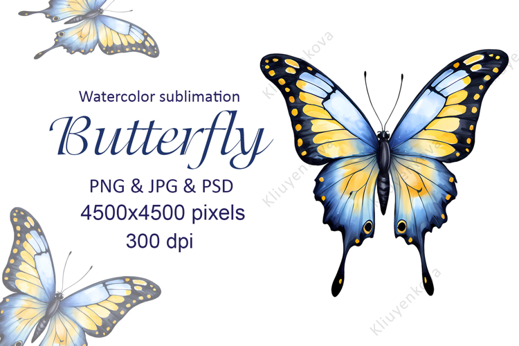 Butterfly Blue Yellow Watercolor Sublimation