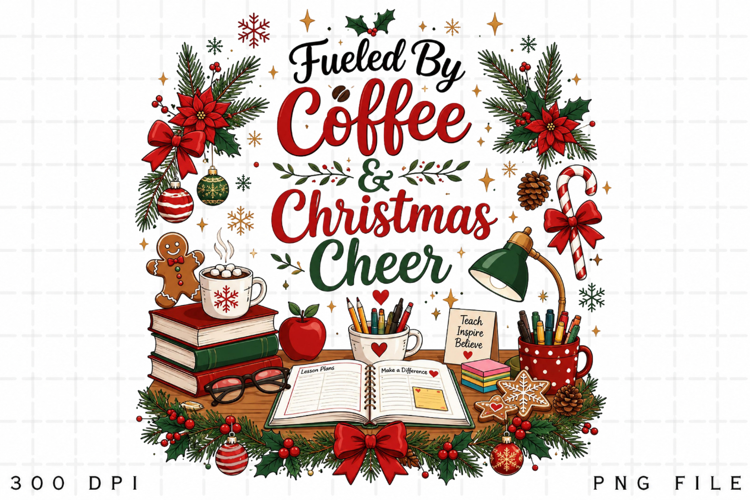 Fueled By Coffee And Christmas Cheer PNG, Teacher Christmas