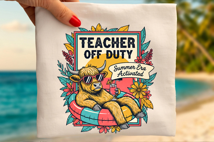 Teacher Off Duty PNG, Summer Era Highland Cow Sublimation