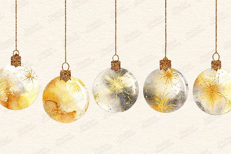 Watercolor Gold White Christmas Ornaments Glitter Background