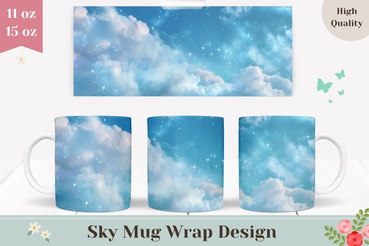 Glitter Mug Wrap, Blue Sky Mug Sublimation, Clouds Mug