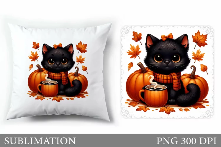 Fall Cat Pillow Design. Fall Pillow Sublimation