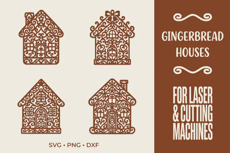 Gingerbread Houses SVG, Christmas Laser Cut Ornament Files