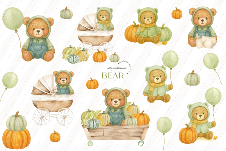 Green Bear Stroller with Balloon Clipart, Cute Green Bear